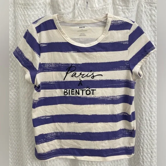 Anthropologie/Maeve Graphic Tee. Striped White/Purple. Size M. Lightly worn! - Picture 2 of 3
